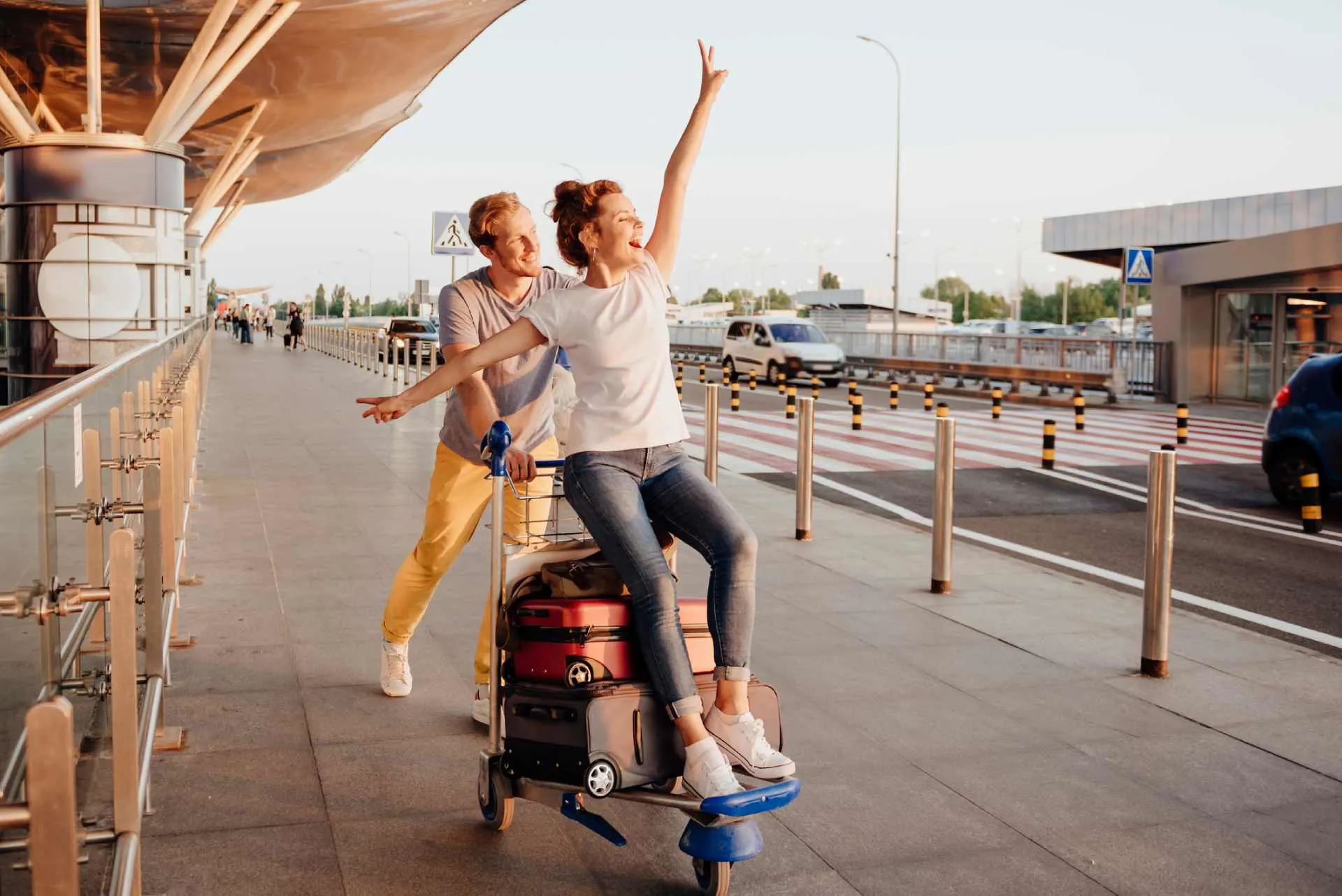 couple having fun at airport before travel